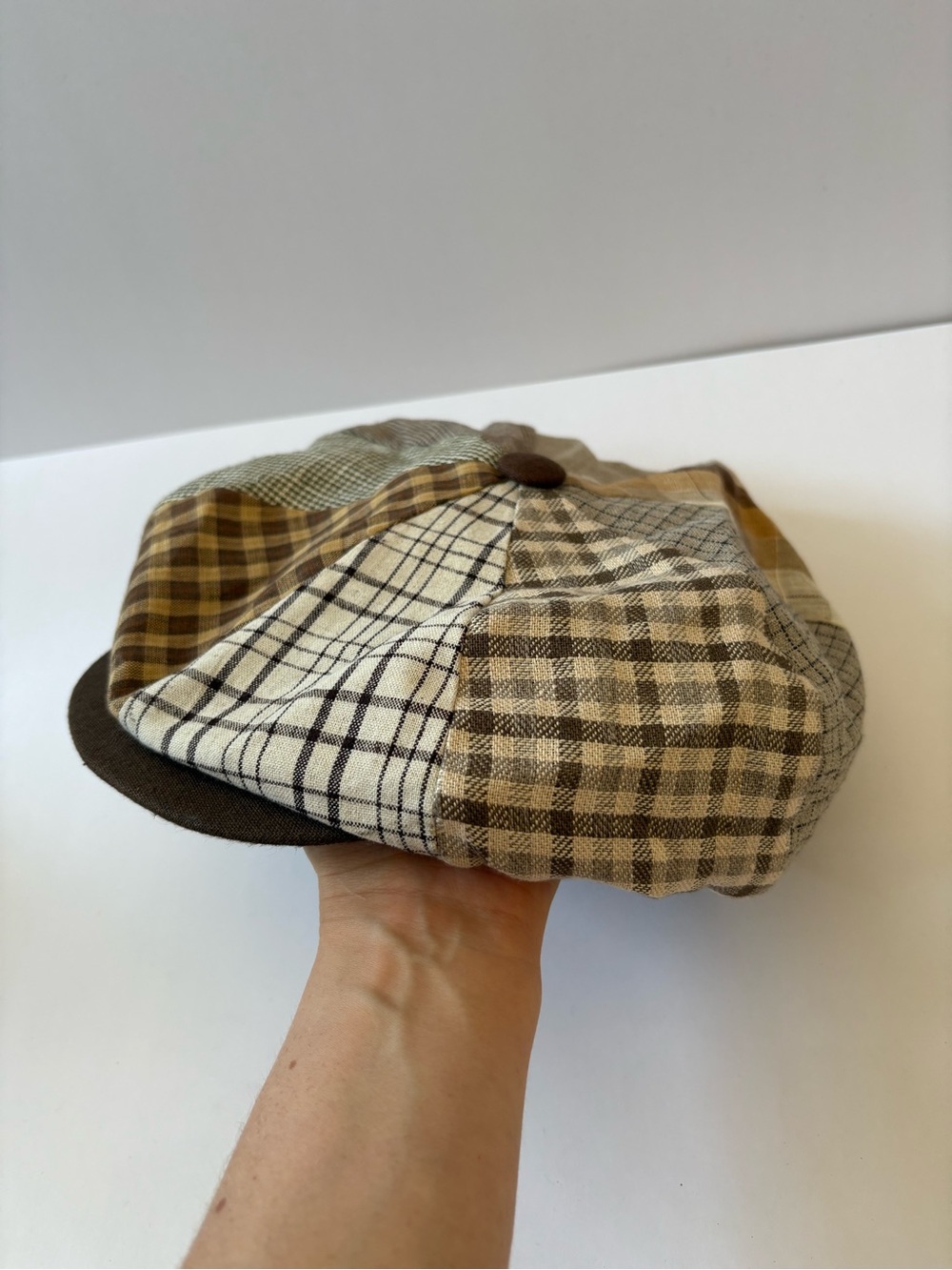 Emstate Winner Caps 8/4 Panel Linen Patchwork Hat Newsboy Brown Tan Snap Artsy - Picture 2 of 6